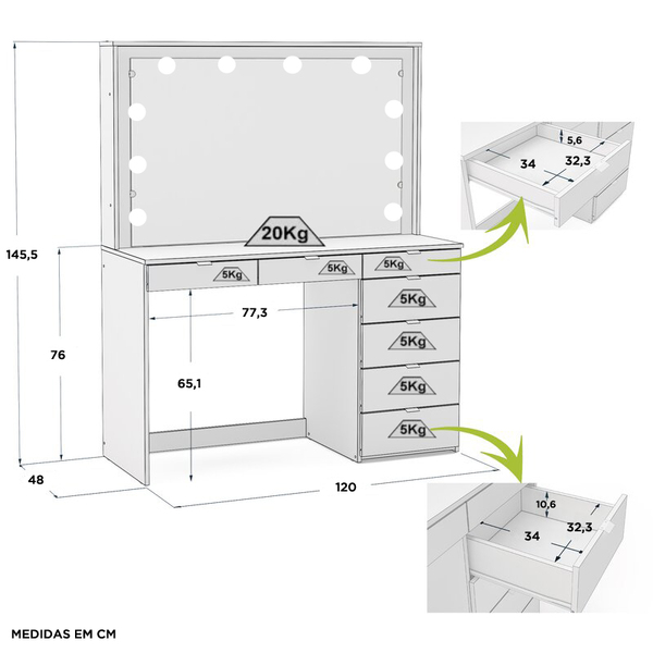 Penteadeira Ditália 7 Gavetas Branco C/ Kit Luz Camarim - Imagem 7
