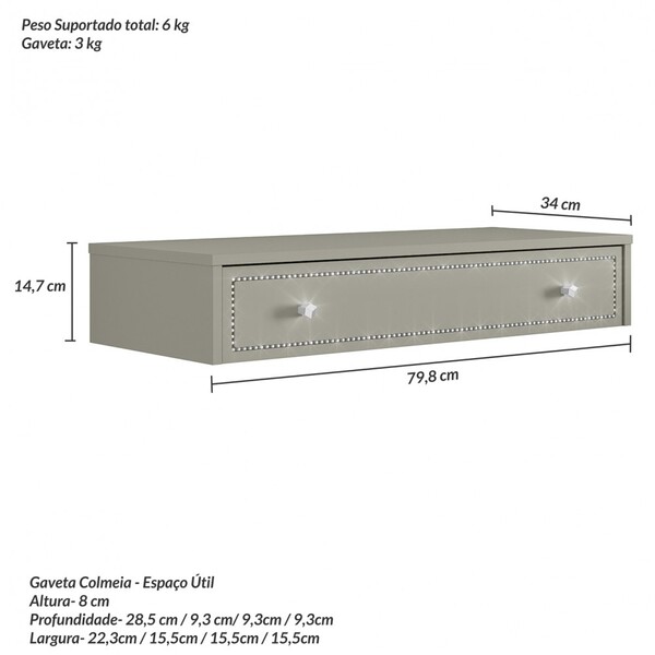 Penteadeira Suspensa Strass Gaveta C/ Divisória E Organizador Maquiagem 80cm Off White Ac - Olivar Móveis - Imagem 5