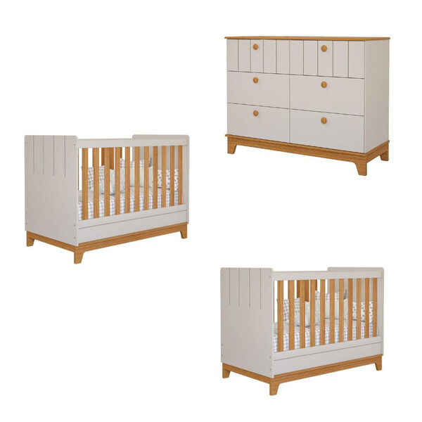 Quarto Bebê Gêmeos Com 2 Berços Mini Cama E Cômoda Liza Permobili - Imagem 3