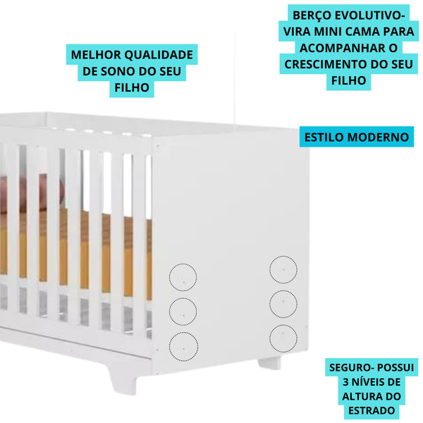 Quarto Montado Cômoda + Berço Multifuncional Branco Top Branco - Imagem 3