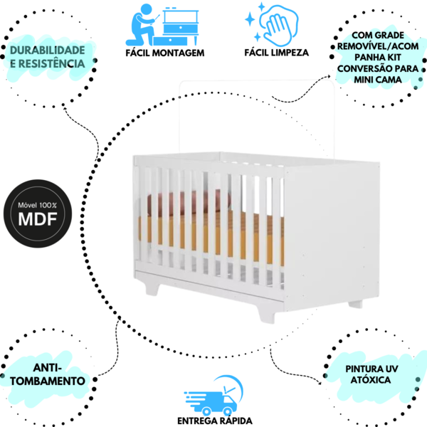 Quarto Montado Cômoda + Berço Multifuncional Branco Top Branco - Imagem 4