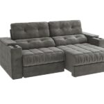 Sofá 260cm Com Porta Copos Retrátil E Reclinável Premier Veludo Chumbo - Imagem 4