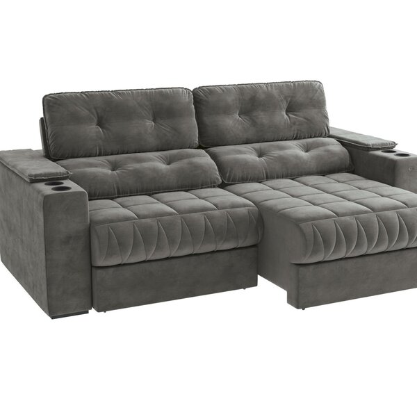 Sofá 260cm Com Porta Copos Retrátil E Reclinável Premier Veludo Chumbo - Imagem 4