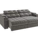 Sofá 260cm Com Porta Copos Retrátil E Reclinável Premier Veludo Chumbo - Imagem 6