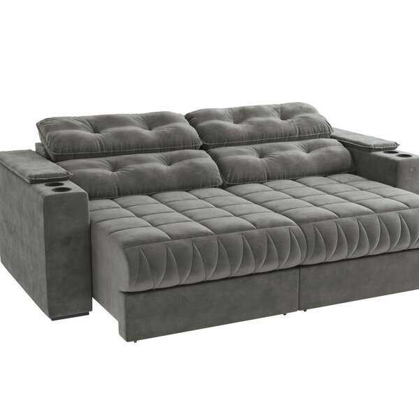 Sofá 260cm Com Porta Copos Retrátil E Reclinável Premier Veludo Chumbo - Imagem 6