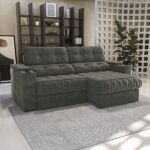 Sofá 260cm Com Porta Copos Retrátil E Reclinável Premier Veludo Chumbo