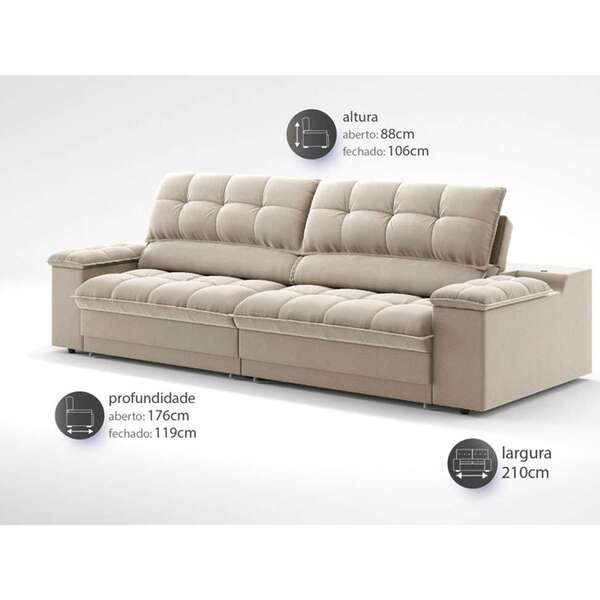 Sofá 3 Lugares Retrátil E Reclinável Helen Com Usb E Porta-copos Veludo Areia 210 Cm - Imagem 3