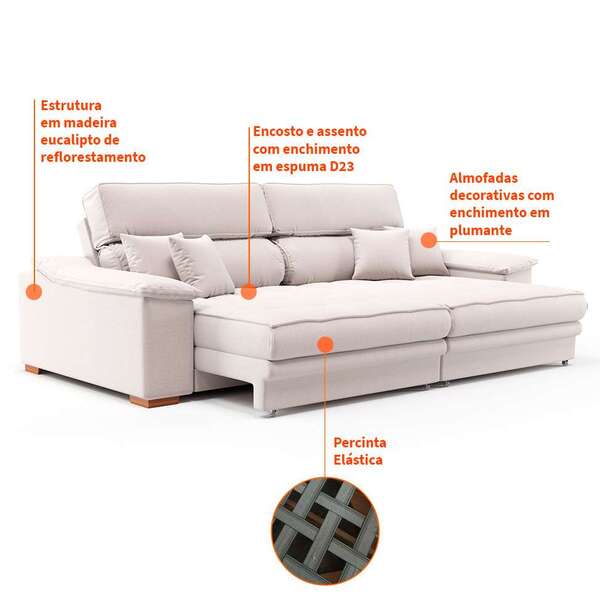 Sofá 3 Lugares Retrátil E Reclinável Lupin Linho Cru - Imagem 3