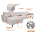 Sofá 4 Lugares Living Com Chaise Esquerdo Pé Palito Linho Cotton Cru - Imagem 3