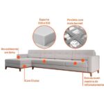 Sofá 4 Lugares Living Com Chaise Esquerdo Pés E Base Em Madeira Linho Cotton Cru - Imagem 5