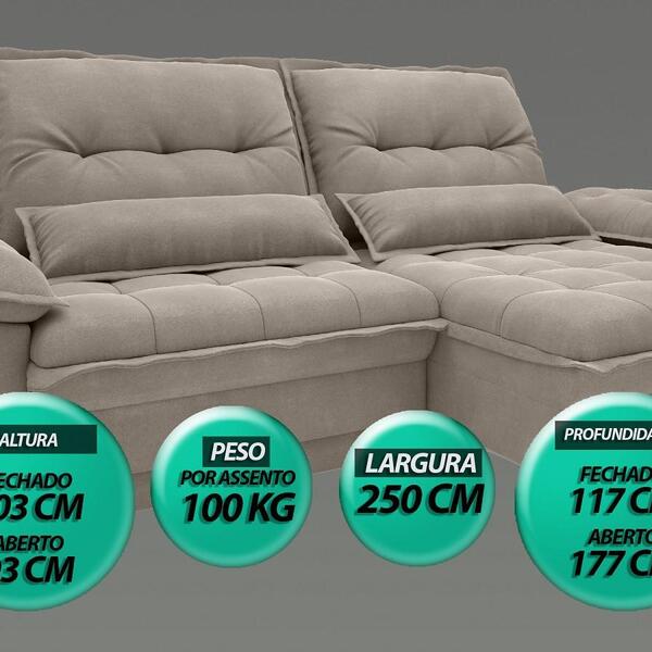 Sofá Bergamo 2,50m Assento Retrátil E Reclinável Velosuede Bege - Netsofas - Imagem 4