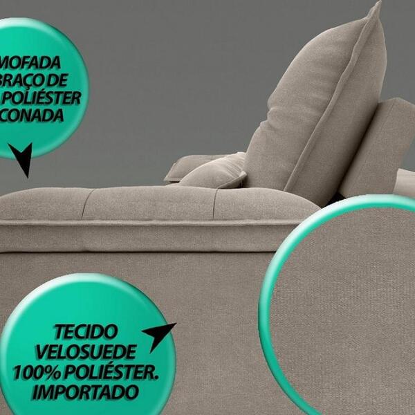 Sofá Bergamo 2,50m Assento Retrátil E Reclinável Velosuede Bege - Netsofas - Imagem 5