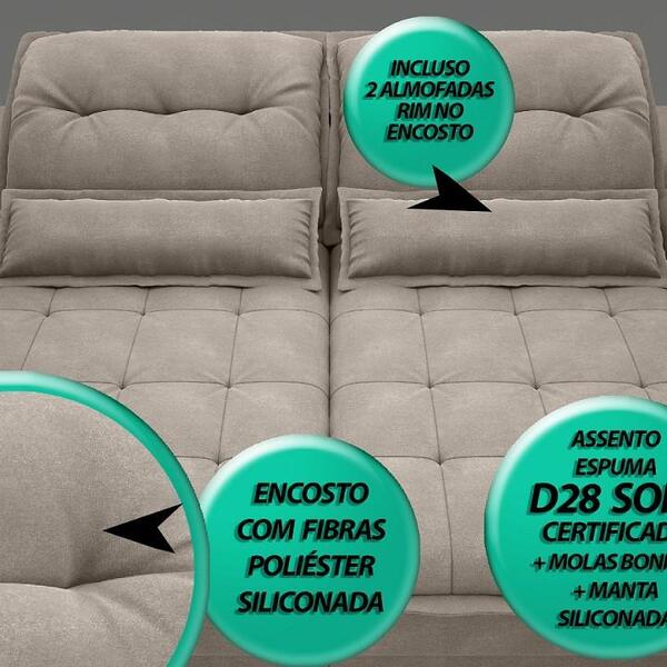 Sofá Bergamo 2,50m Assento Retrátil E Reclinável Velosuede Bege - Netsofas - Imagem 6