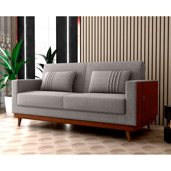 Sofá Cama Pala 203cm Reclinável Courino Marrom | Linho Cinza Claro - Sallar Home - Imagem 5