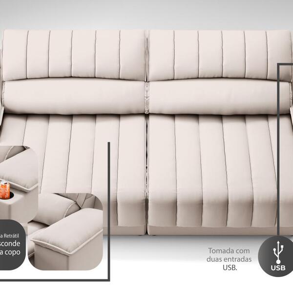 Sofá Com Porta Copos E Carregador Usb Retrátil E Reclinável Murano 2,00m Velosuede Areia - Imagem 3