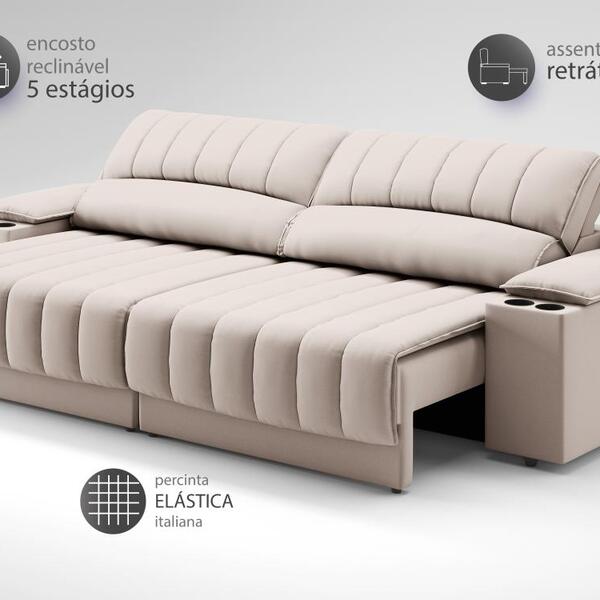 Sofá Com Porta Copos E Carregador Usb Retrátil E Reclinável Murano 2,00m Velosuede Areia - Imagem 4