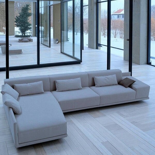 Sofá De Canto 5 Lugares Com Chaise Revestimento Em Sarja 336x74cm Cinza Médio - Imagem 3