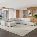 Sofá De Canto Com Chaise E Mesa Lateral Sala De Estar Living 291cm Gales M03 Bouclê Cru - Lyam Decor - Imagem 5