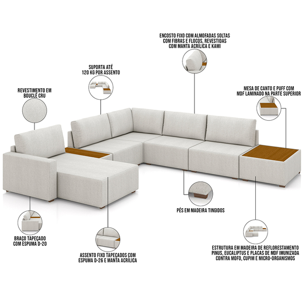 Sofá De Canto Com Chaise E Mesa Lateral Sala De Estar Living 291cm Gales M03 Bouclê Cru - Lyam Decor - Imagem 6